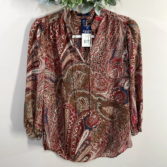 NWT Chaps Denim Sheer Paisley Blouse Boho S - Picture 1 of 16